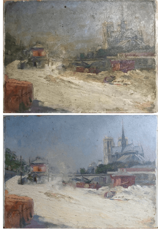 Vue sur Notre-Dame-de-Paris depuis le quai de la Tournelle, huile sur panneau, avant et après restauration