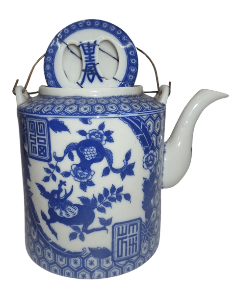 Théière ancienne chinoise, porcelaine bleu-blanc, restauration kintsugi urushi bleu